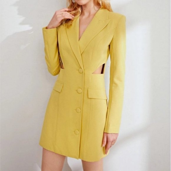 . Jackets & Blazers - side cut out buttoned blazer dress chic classy elegant fall winter trend yellow
